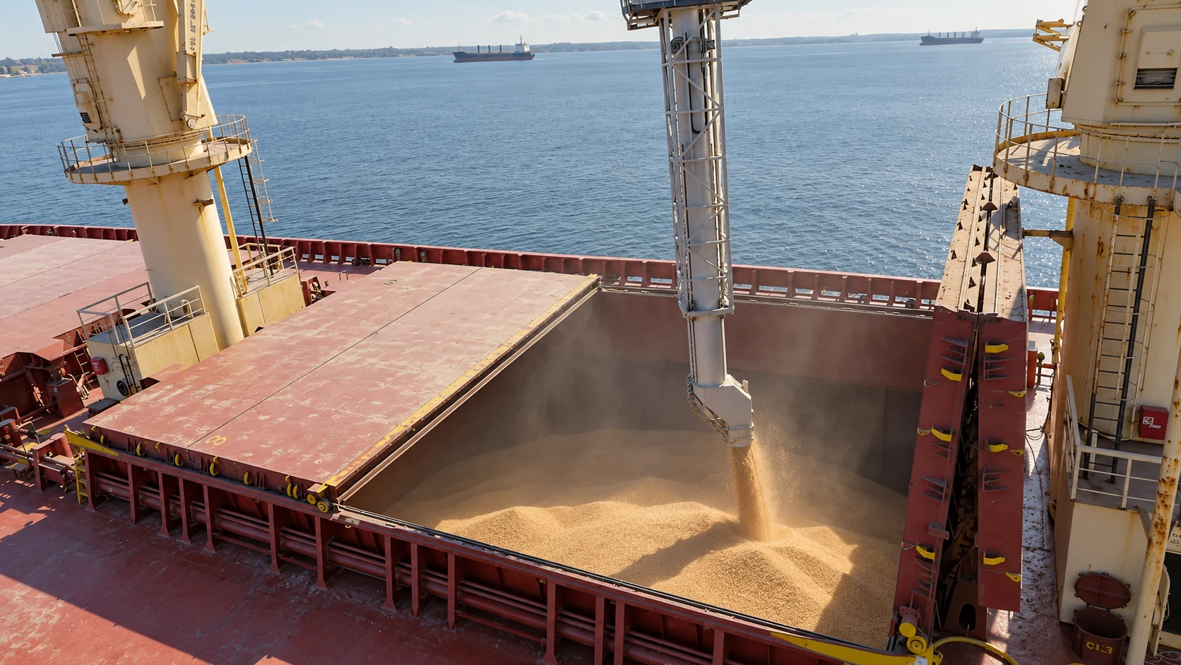 AI-generated illustration of grain loading into an open bulk-carrier hold, with ship deck and water beyond