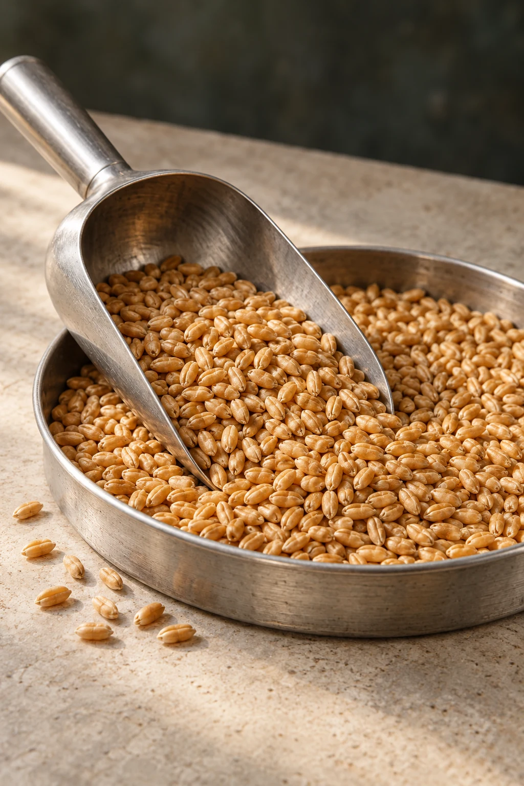 AI-generated illustration of golden wheat kernels in a steel scoop and sample tray